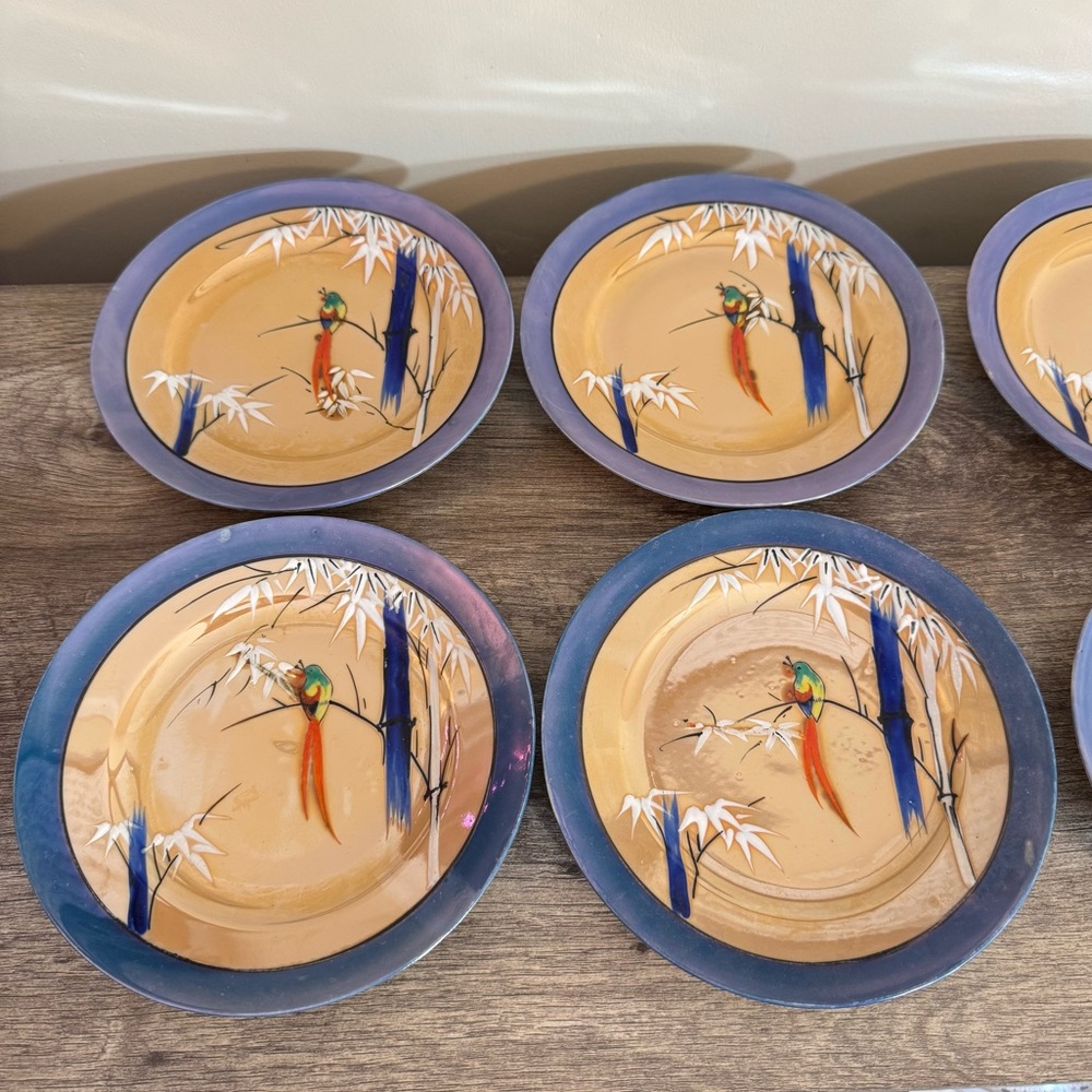 Antique Set of 6 Nippon Lusterware Plates 7” Bird Japan Bamboo Hand Painted - Picture 8 of 14